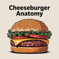 Colorful vector illustration of a classic cheeseburger with solid colors, including bun, cheese, patty, lettuce, and tomato. Perfect for National Cheeseburger Day promotions and social media.