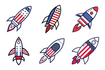 Set of american flag color rocket, plane vector illustration on white background.