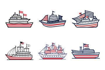  Set of american flag color ship, cruise ship, lighter ship vector illustration on white background.