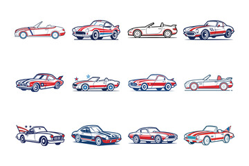 Set of patriotic vintage retro sport car vector illustration on white background.