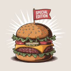 Colorful vector illustration of a classic cheeseburger with solid colors, including bun, cheese, patty, lettuce, and tomato. Perfect for National Cheeseburger Day promotions and social media.