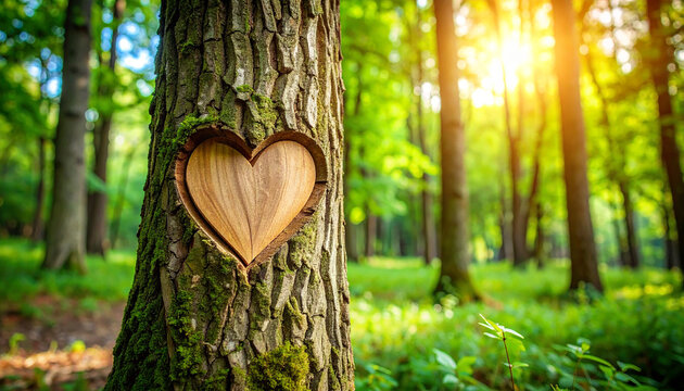 Heart carved in trunk of tree in the woods. Beautiful nature. Love and romantic.