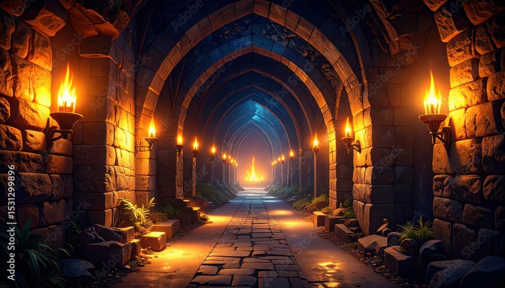 Poster mysterious ancient tunnel lit by torches in dark architecture