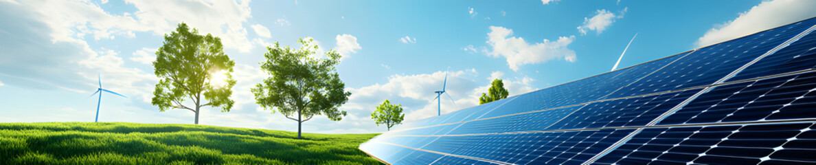 Eco-Friendly and Green Energy Ad Concept Solar Panels, Trees, and Clean Air promotes sustainable future through clean,renewable solutions.Featuring visuals solar panels, lush greenery,fresh blue skies