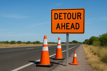 Detour ahead road sign with traffic cones on open highway during daytime