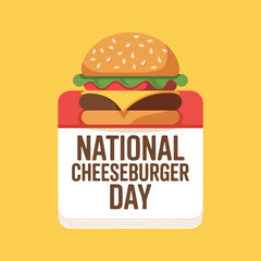 Colorful vector illustration of a classic cheeseburger with solid colors, including bun, cheese, patty, lettuce, and tomato. Perfect for National Cheeseburger Day promotions and social media.