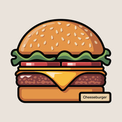 Colorful vector illustration of a classic cheeseburger with solid colors, including bun, cheese, patty, lettuce, and tomato. Perfect for National Cheeseburger Day promotions and social media.