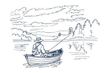 Fisherman in boat on river sketch vector illustration