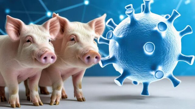 Two adorable piglets stand in front of a blue background featuring virus imagery, highlighting the intersection of agriculture and health.