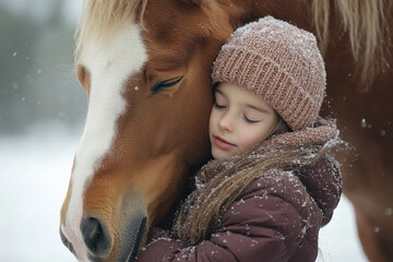 Little girl hugging horse in snow.