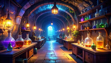 Fototapeta premium Mysterious Underground Laboratory with Strange Equipment and Potions