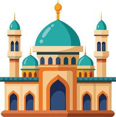 Colorful vector illustration of a mosque building with teal domes and minarets
