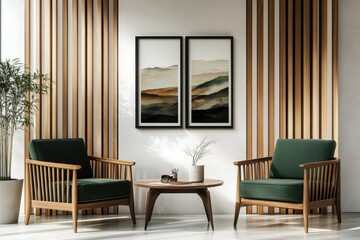 Modern, minimalist living room with wooden accents and art