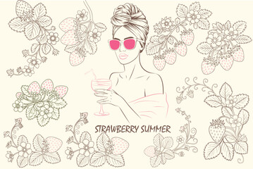 Stylish woman enjoying refreshing drink surrounded by strawberries and floral designs, embodying essence of summer