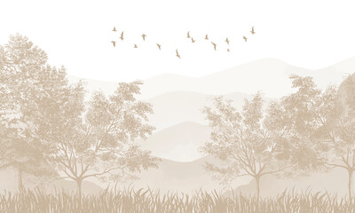 Subtle Woodland Wall Mural: Faded Sepia Trees & Abstract Nature Background © csinie1