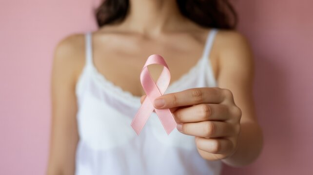 Woman holding pink ribbon breast cancer awareness