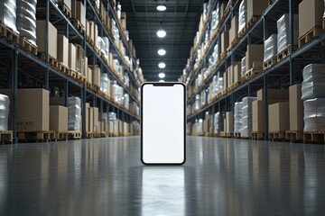 A modern smartphone centered in a vast warehouse aisle, surrounded by stacked cardboard boxes and metal shelving.  Empty screen displays potential use for logistics apps