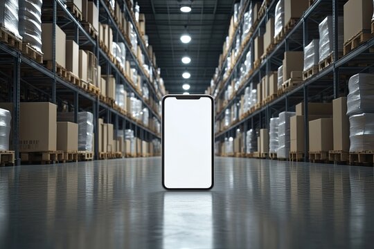 A modern smartphone centered in a vast warehouse aisle, surrounded by stacked cardboard boxes and metal shelving.  Empty screen displays potential use for logistics apps