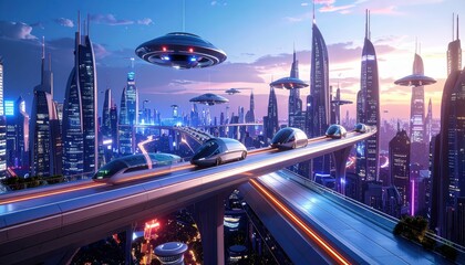 Fototapeta premium Sleek Elevated Pathway with Flying Vehicles in Utopian City Landscape