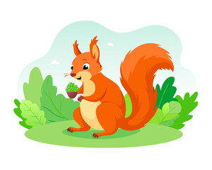 Cute red squirrel, sciurus vulgaris, eating a nut in green spring forest