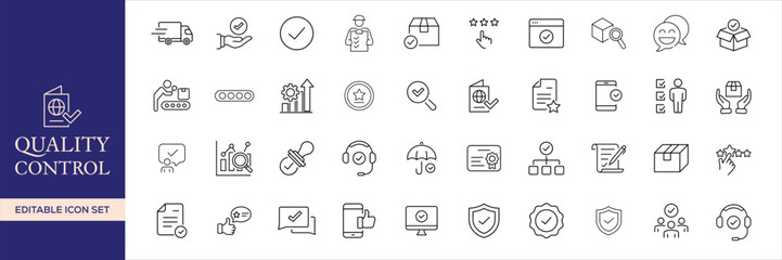 Quality control set of web icons in line style. Quality Check computing icons for web and mobile app. Containing inspection, evaluation, production, quality assurance, certificate, testing and more