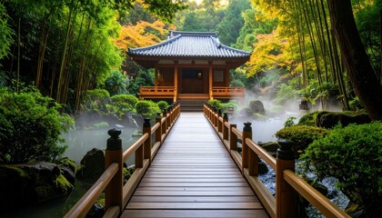 Obraz premium Tranquil Pathway to Secluded Hot Spring Temple Surrounded by Nature