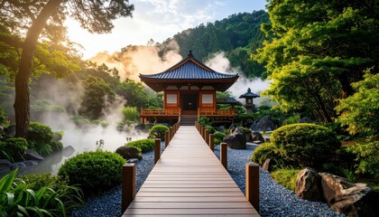 Obraz premium Serene Pathway to a Secluded Hot Spring Temple Amidst Lush Nature