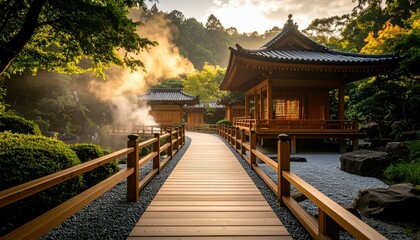 Fototapeta premium Serene Pathway to a Secluded Temple by a Tranquil Hot Spring