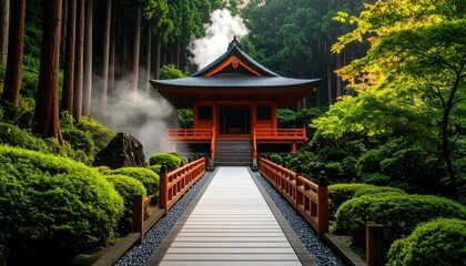 Fototapeta premium Serene Spiritual Pathway Leading to Secluded Hot Spring Temple
