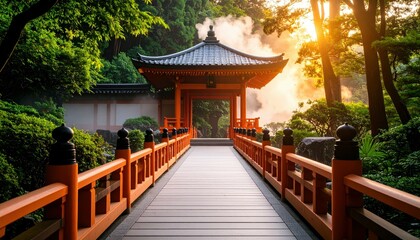Serene Pathway to a Secluded Temple by Rising Hot Spring Steam