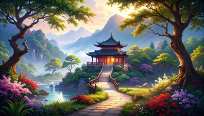 Obraz premium Serene Pathway Leading to a Secluded Monastery in the Mountains