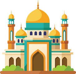 Flat illustration of a beautiful mosque with yellow and teal domes and minarets