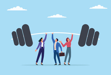 Vector illustration of a group of business people lifting a large barbell above their heads, representing teamwork, unity, shared strength, and the power of collaboration in business
