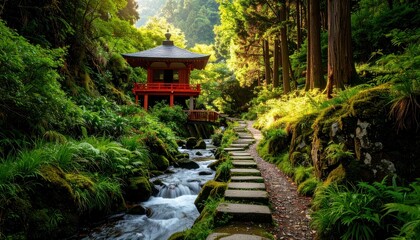 Serene Pathway to a Secluded Shrine by a Mountain Stream