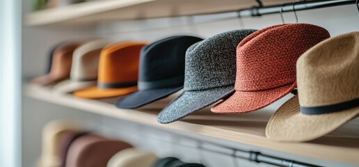 Variety of hats displayed on wooden shelves