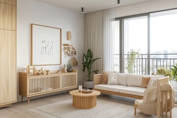 Cozy, light-filled children's room.  Wooden furniture, soft colors, and natural light.  Artwork and playful decorations