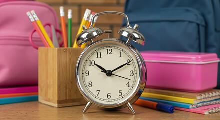Classic alarm clock with school supplies on desk in classroom setting  