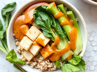 Delicious Tofu Bowl: A vibrant and appetizing tofu bowl showcases a medley of flavors, featuring perfectly cooked tofu cubes, fresh bok choy, and a rich sauce, all artfully arranged in a stylish bowl.