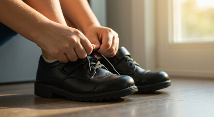 Man tying shoelaces on black shoes in bright indoor setting  