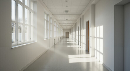 Spacious corridor with natural light and minimalistic design  