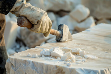 Generative AI Image of a Stonemason Working with Stone, Shaping and Carving Stone Surface
