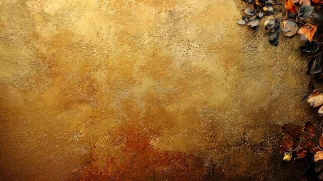 Autumnal background with textured gold surface and dark, reddish-brown leaves arranged at corners