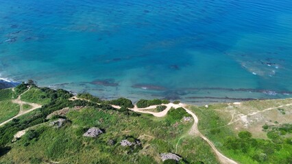 Aerial view of a tropical island in Albania, Cape of Rodon