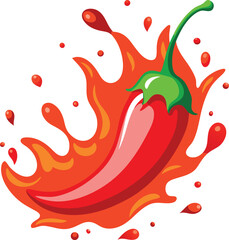 Vibrant red chili pepper bursting with spicy sauce and flavor splash illustration