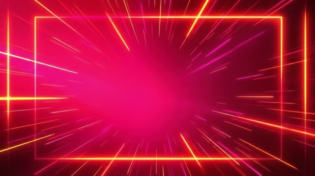 Dynamic neon frame with radial light streaks over gradient red background animation