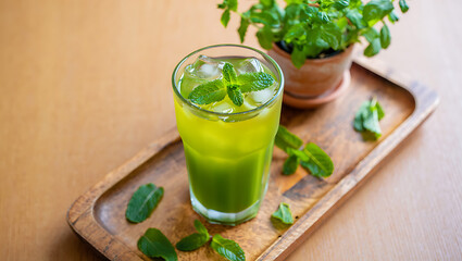 Fototapeta premium Refreshing Herbal Elixir: A vibrant glass of mint-infused refreshment, with ice and sprigs of fresh mint, elegantly displayed on a wooden tray alongside a potted mint plant.