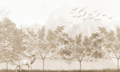 Vintage Forest Animals Wallpaper: Deer in Muted Brown Woodland Landscape Scene © csinie1