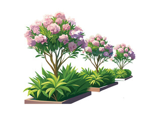 "Pink Oleander Flower Bushes – Hand-Drawn Botanical Illustration Isolated on" Blooming Rhododendron Trees in Spring Garden Illustration"
 White Background"