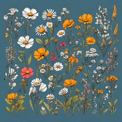 Obraz premium Beautiful wildflower meadow clip art with colorful floral elements and natural soft outlines
