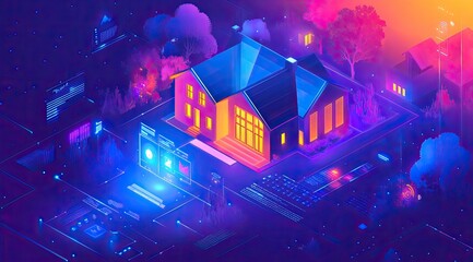 Obraz premium Smart home concept, isometric view. Digital interface surrounds house